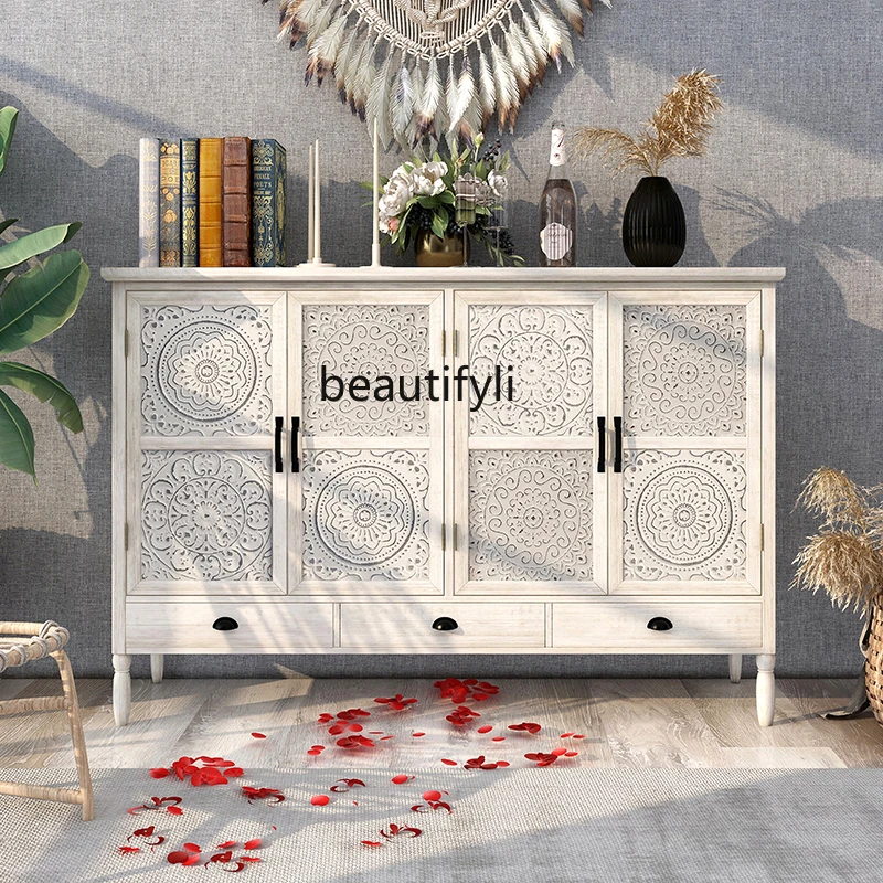 

zqBreakfast Distressed Sideboard Cabinet Entrance Cabinet Living Room Decorative Storage Storage Carved Cabinet
