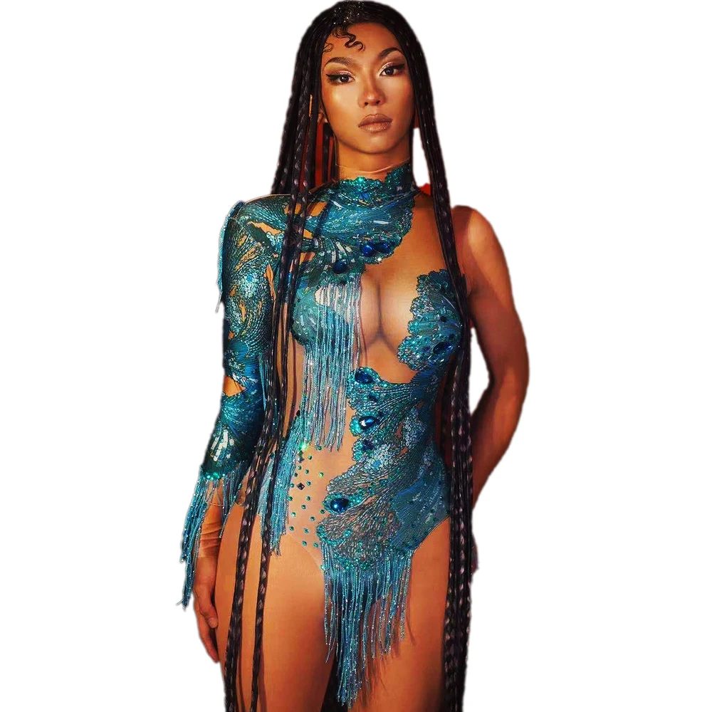 

Blue Yellow Shining Rhinestones Tassel Fringe Leotard Sexy Women Bodysuits Nightclub Pole Dance Bar Carnival Wears Costume