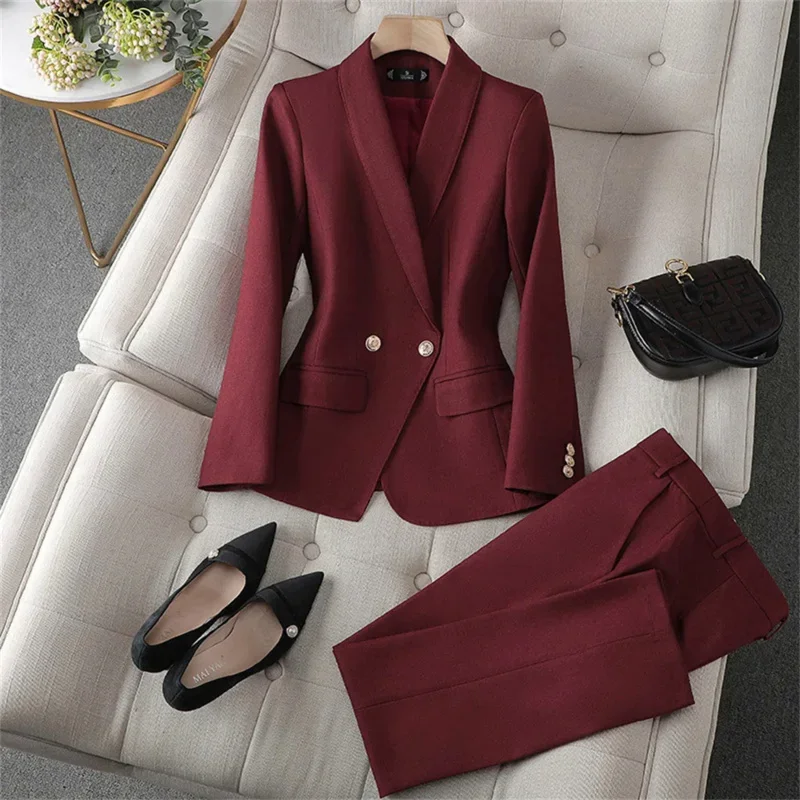 

LKSK Elegant Women Blazer Pant Sets Red Orange Black Green Jacket Trouser 2 Piece Set Formal Office Lady Work Wear Business Suit