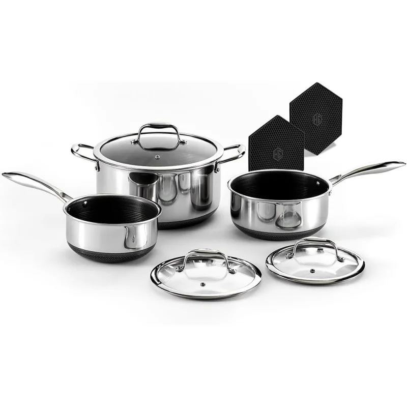 

HexClad Hybrid Nonstick 6-Piece Pot Set with Trivets, 2, 3, and 8-Quart Pots with Tempered Glass Lids, 2 Silicone Trivets Includ