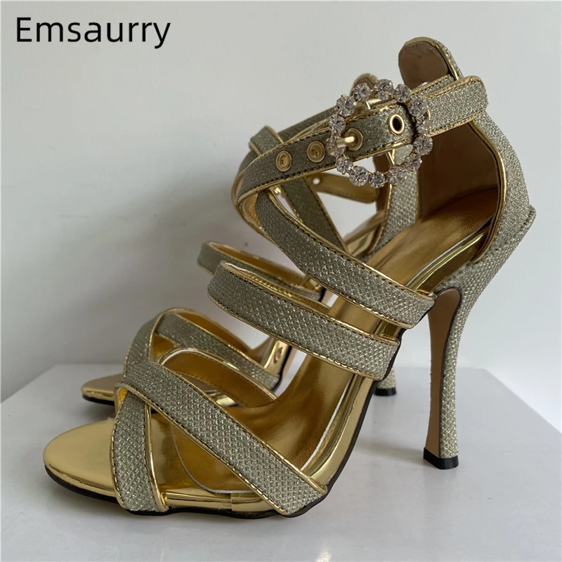 

Bling Glitter Cross-Band Gladiator Sandals Women Thin High Heel Peep Toe Cover Heels Rhinestone Party Shoes Woman Summer