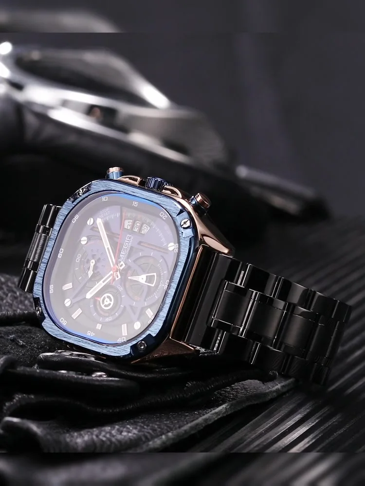 MEGIR Orologio Da Polso Quadrato Uomo - Quarz Analogico Con Cronografo, Cinturino In Pelle, Nero - 8106G - Impermeabile 3 ATM, Luminoso Al Buio