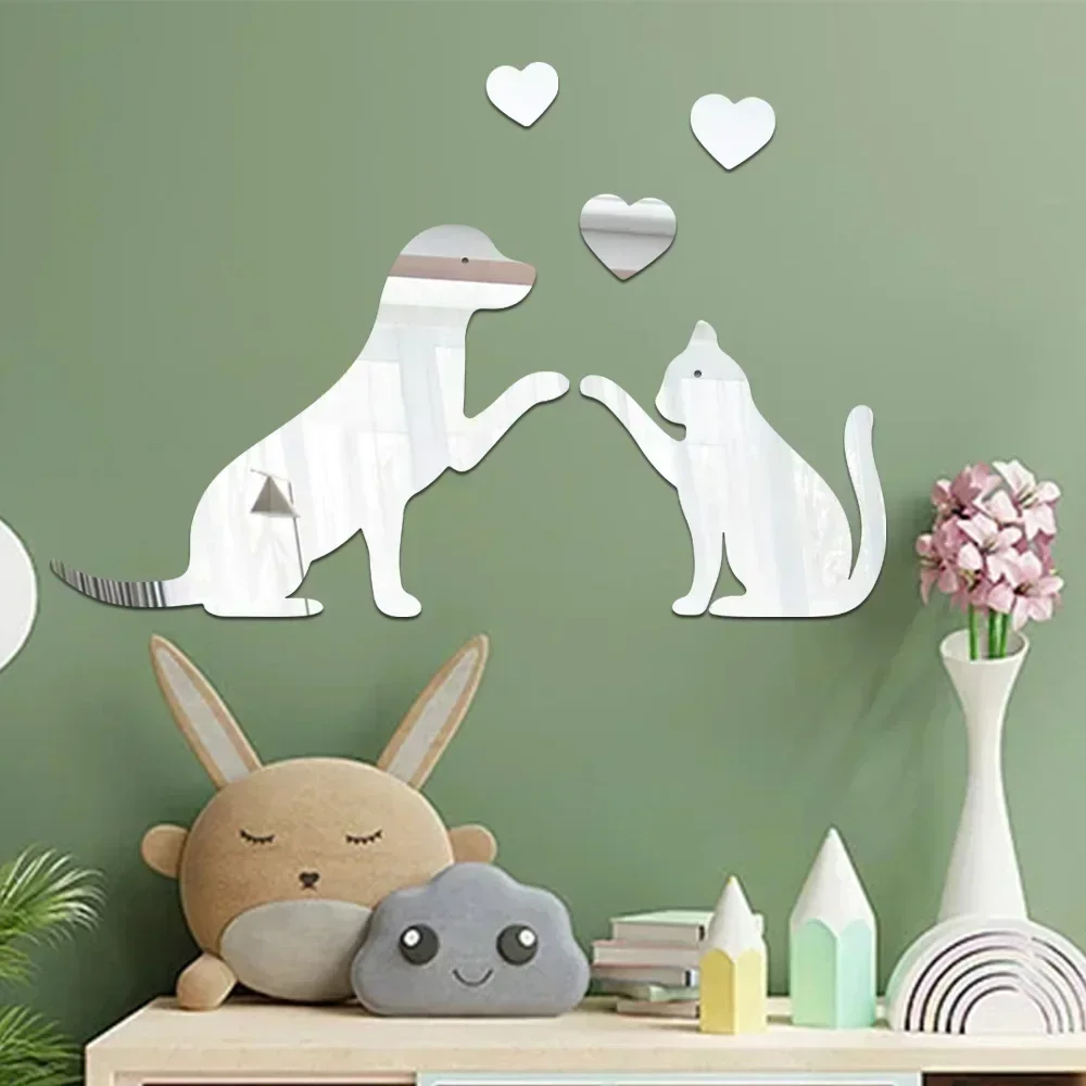 3D Acrylic Mirror Wall Sticker Cartoon Love Cat Dog Living Room Wall Decoration Bedroom Headboard Modern Home Decoration