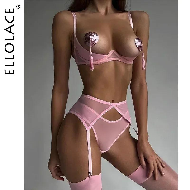 

Erotic Lingerie Open Bra Kit Push Up Sexy Sensual Underwear 3-Piece Heart Hollow Crotchless Panties Garter Intimate
