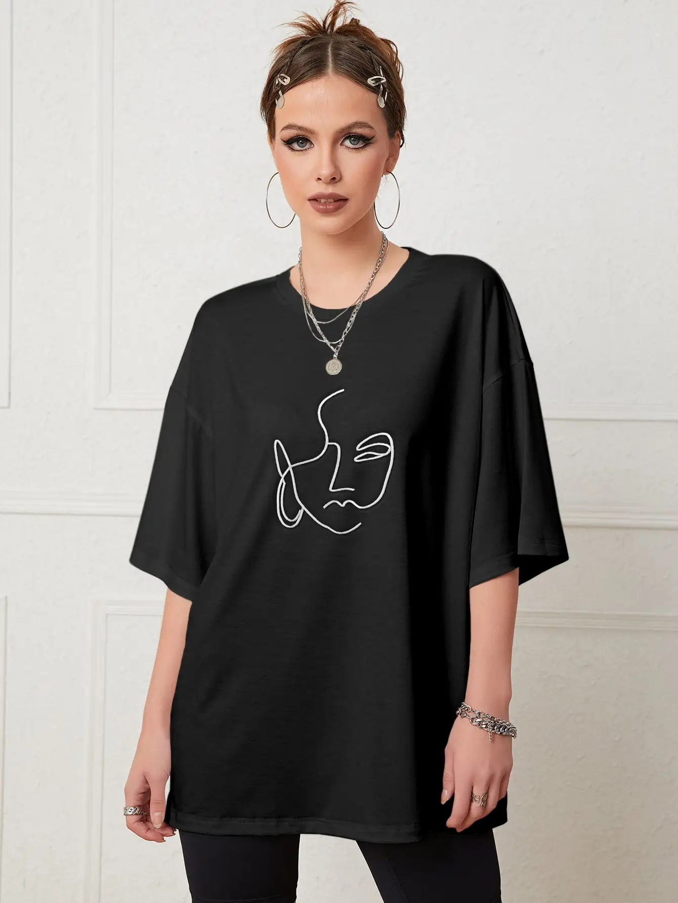 

Artistic Face Graffiti Cotton Print Woman Tshirt Casual Daily Tshirt Niche Creativity Clothes Original Individual Top Tee Tshirt