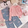 Spring 2023 New Stylish Korean Version Children's Suit Girls Long Sleeve Round Neck Waist-fitted Top Jeans 2-piece Set