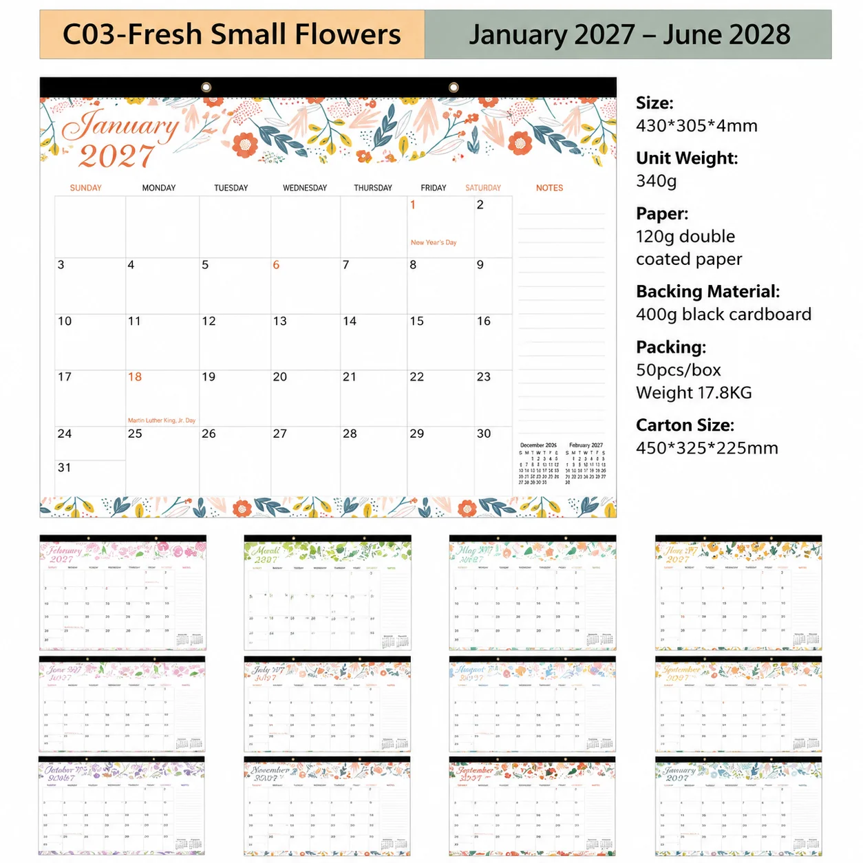 2027 Large 18-Month Wall and Desk Planner with Removable Monthly Pages