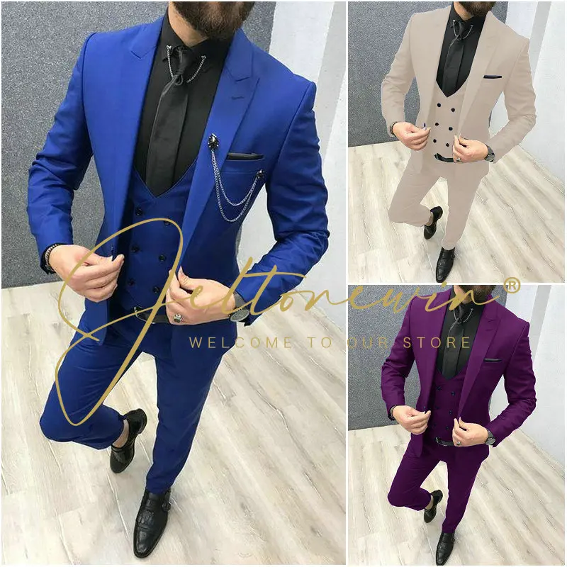 

2023 Casual 3 Piece Royal Blue Men Suits Peaked Lapel Custom Made Wedding Tuxedos Slim Fit Male Suits (Jacket+Pants+Vest+Tie)