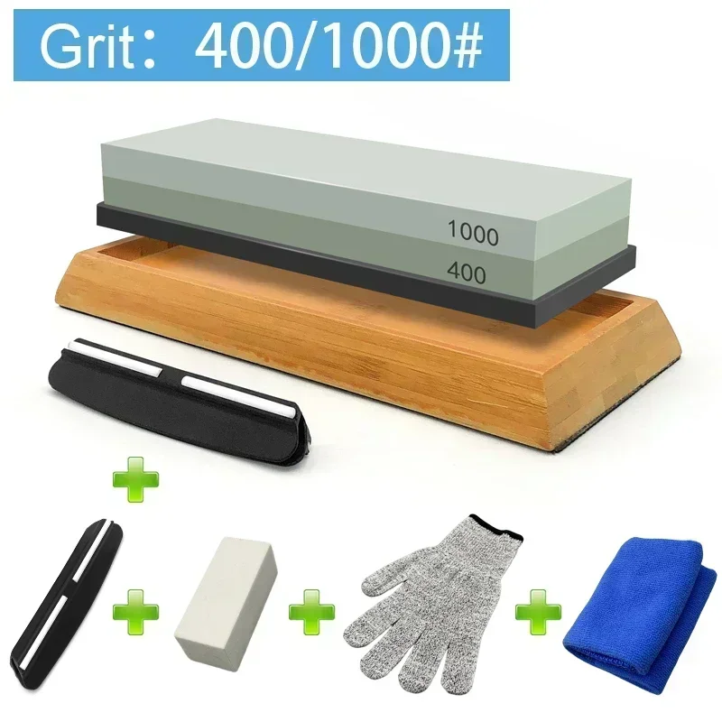 Professional Knife Sharpening Whetstone Set with Wood Base and Angle Guide