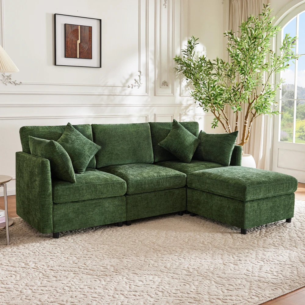 PINGGO Grünes L-förmiges Ecksofa 3-Sitzer Konvertierbar Modular mit Beweglichem Hocker 4 Chenille-Kissen für Wohnzimmer Büro – Detail 7