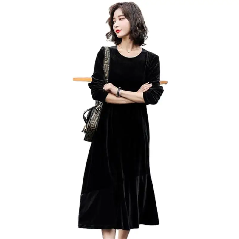 

Woman Korean Style Elegant Dress 2023 Autumn O-Neck High Quality Long Party Dress Winter Velvet Warm Casual Slim Mermaid Dresses