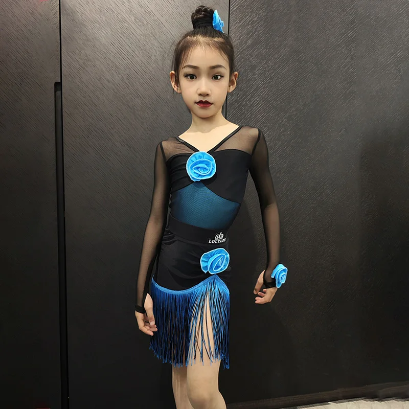 

Новинка 2024, детский танцевальный комплект для латиноамериканских танцев, комбидресс для девочек с V-образным вырезом и юбкой с бахромой, танцевальная одежда румбы с разрезом, тренировочная одежда DL11762
