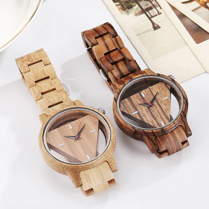 Unique Wooden Quartz Movement Women Watches Creative Built-In Triangle Dial Design Watch for Women Clock Gifts for Ladies 2021
