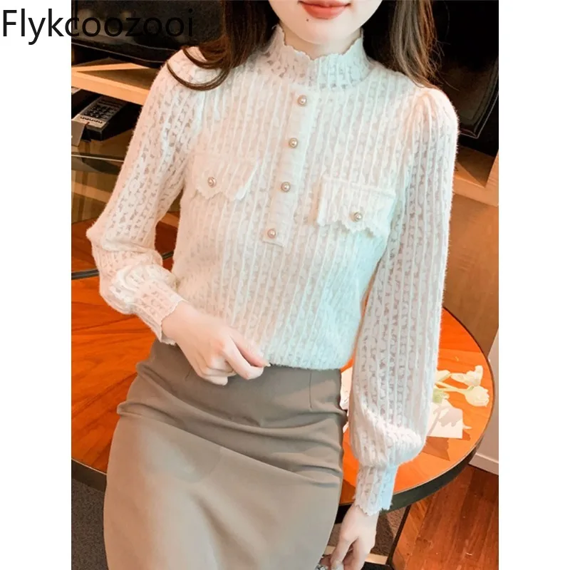 

Women's Tops Premium Apricot Half High Neck Stripe Lace Embroidery Temperament Long Sleeve Matte Bottoming Shirt Lady's Clothing
