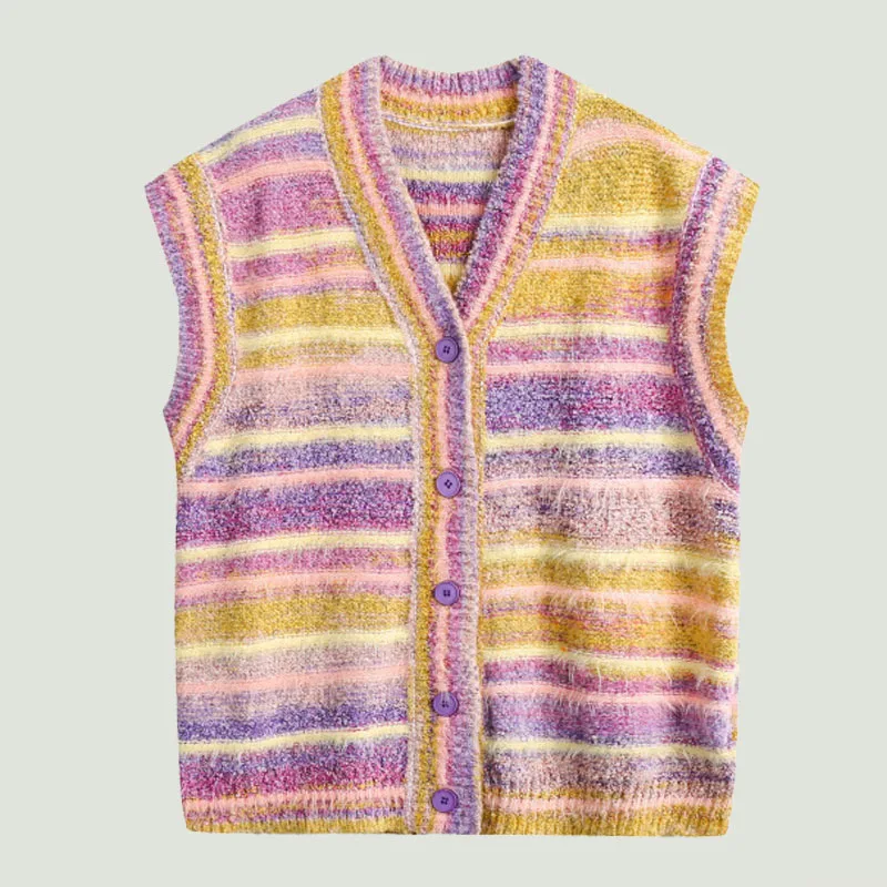 

Hip Hop Rainbow Stripe Patchwork Knitted Vests Mens Harajuku Casual Loose V-Neck Y2K Cardigan Sweaters Couples 2023 Streetwear