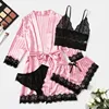 Ensemble pyjama en satin 4 pièces avec robe – Haut de pyjama à bretelles et short avec bordure en dentelle, le pyjama élégant incontournable pour femme