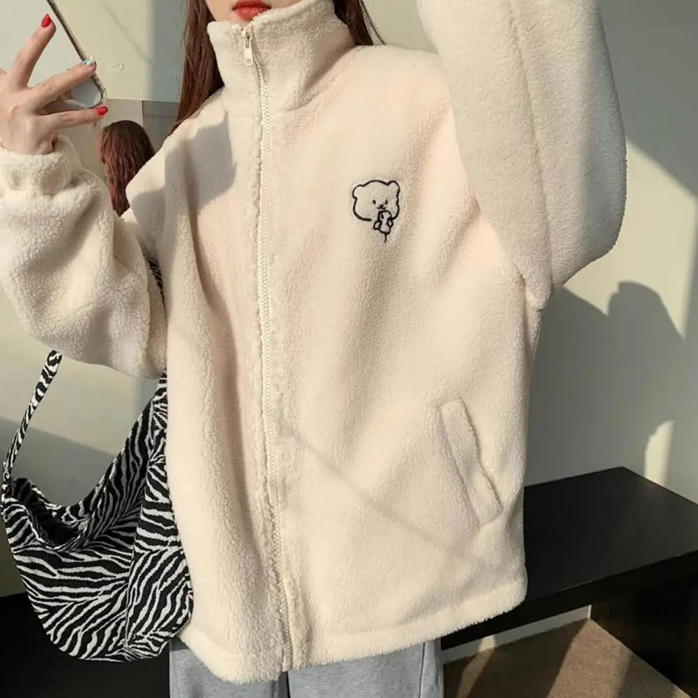 

Faux Lambswool Jacket Thickened Plush Winter Jacket with Cartoon Bear Pattern Cozy Stand Collar Sweatshirt Coat for Women Women