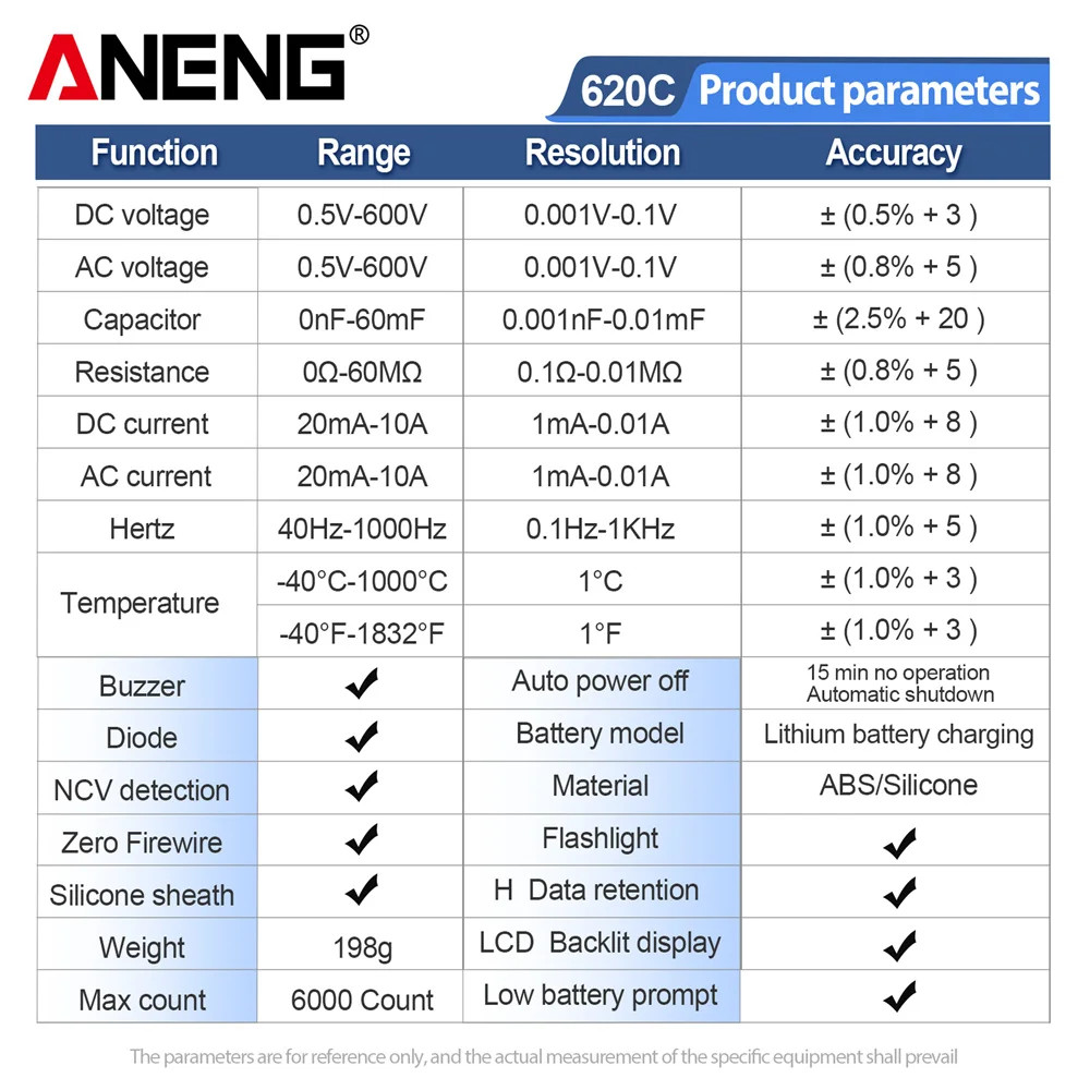 디지털 스마트 멀티미터 감지 고정밀 전압/전류 NCV 유도 충전식 6000 카운트 가정용 DIY ANENG 620C