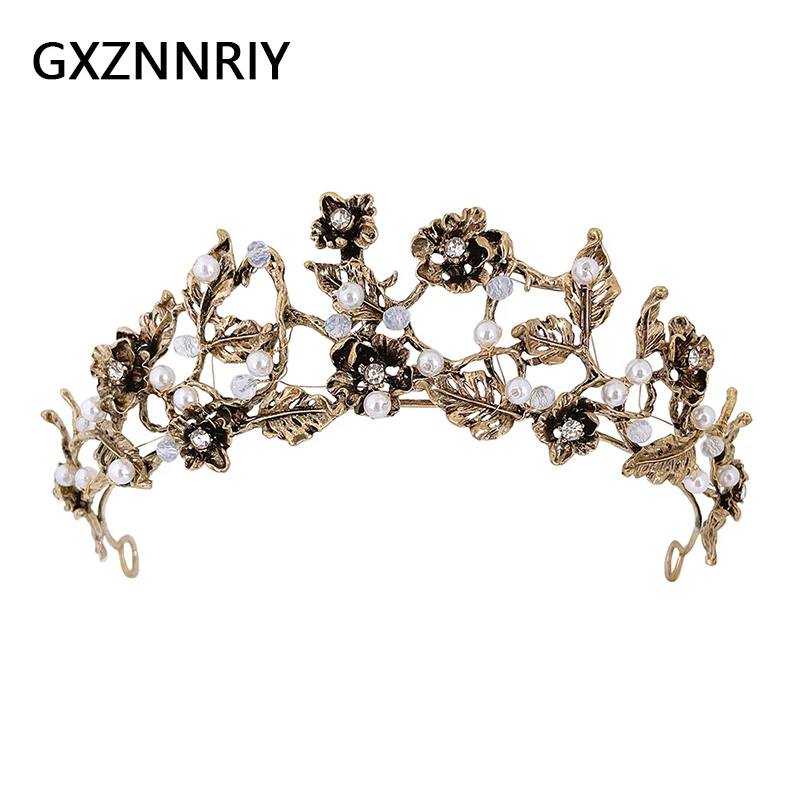 

Vintage Crown Antique Gold Flower Pearl Tiaras and Crowns Crystal Hair Accessories for Women Hair Jewelry Party Headpiece Gift