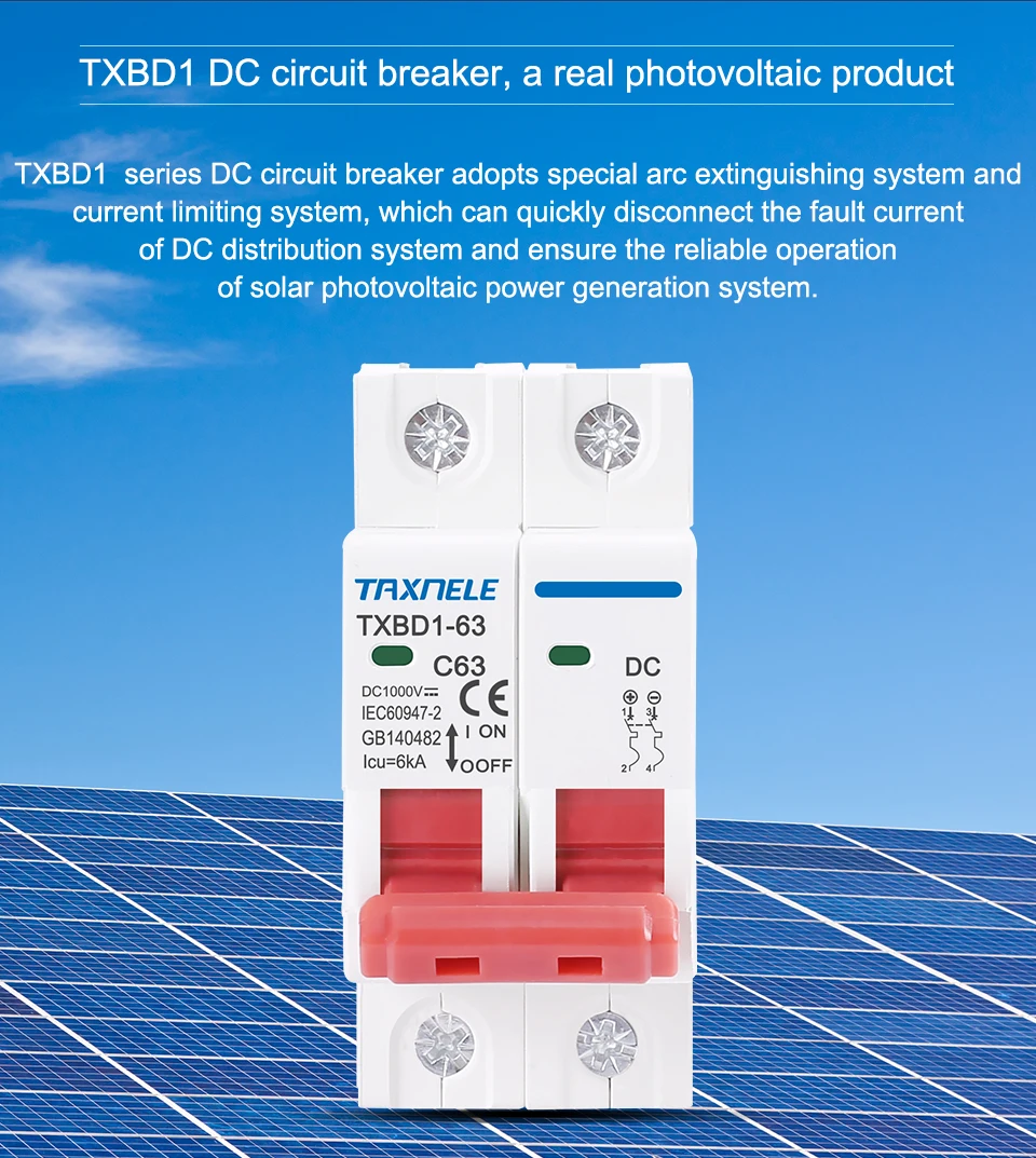 Description Picture 5 of item2P DC 1000V Solar Mini Circuit Breaker Battery Switch 6A 10A 16A 20A 25A 32A 40A 50A 63A DC MCB for Photovoltaic PV System