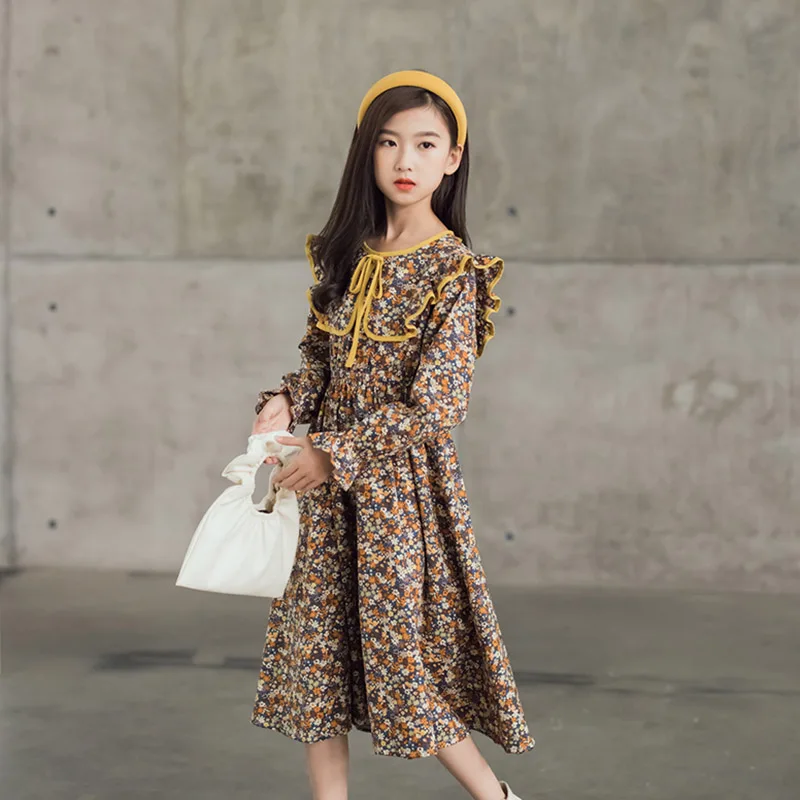 Girls Dress Floral Printed Long Sleeve Spring Autumn Cotton Midi Casual  Teen Dress Kids Clothes Robe Fille 6 8 10 12 14 Years