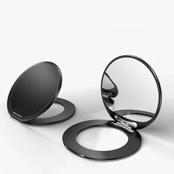 Compact Magnetic Phone Stand with Makeup Mirror - Strong Folding Holder (Black)