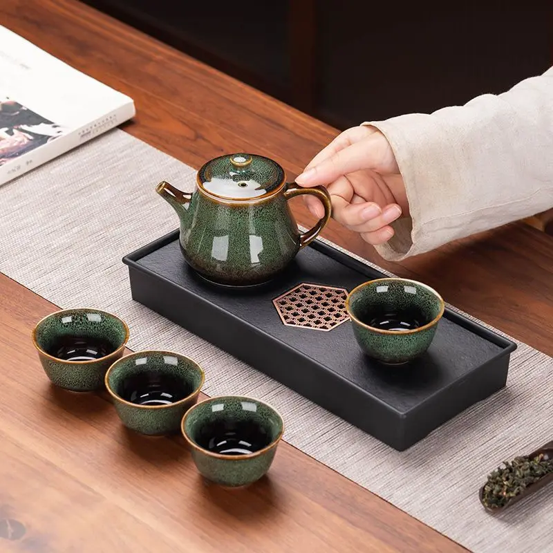 Kung Fu Tea Set with Tray for Office and Home Use, Ceramic Tea Making Utensils for Guests, Teapot Making