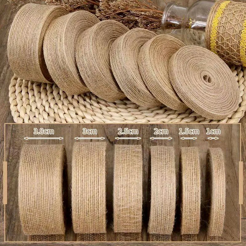 thumbnail image 2 of Lazo de cinta de yute natural de 5 m, 6 mm a 50 mm, para manualidades, bricolaje, tela de arpillera de yute vintage, para envolver regalos, costura, decoración para fiestas, bodas y Navidad, 2 of 5