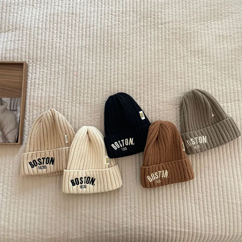 Autumn Winter Baby Embroidery Letter Knitting Caps Kid Boy Solid Warm Beanies Girl Children Fashion Casual Hat Infant Soft Caps knit hat baby hat