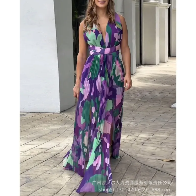 

New 2023 Women's Dress Summer Autumn Floral Print Pleated Slit Dress Women's Fashion Backless Sleeveless V-neck High Waist Dress