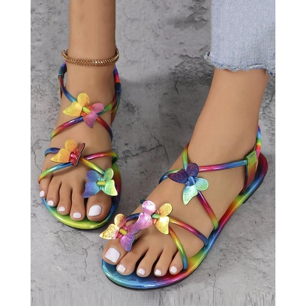 Women Summer Beach Butterfly Decor Back Strap Flats Sandals Outdoor Summer Fashion Round Toe Multicolor Going Out Summer Shoes