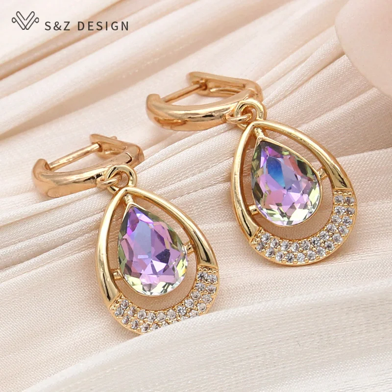 S&Z DESIGN New Fashion Water Drop Crystal Dangle Earrings For Women Elegant Jewelry Champagne Gold Color Cubic Zirconia Eardrop
