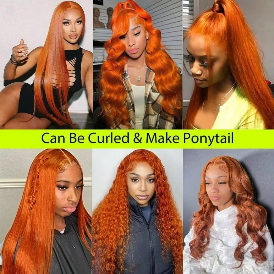 Ginger 13X6 Hd Lace Frontal Wig Straight Human Hair Wigs Orange Colored Preplucked 250 Density 100% Human Hair For Women 36 Inch