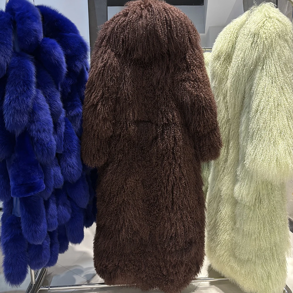 YOLOAgain 135-140cm Floor Length Mongolia Sheep Fur Coat Women Winter Warm Party Long Fur Coat Ladies Overcoat