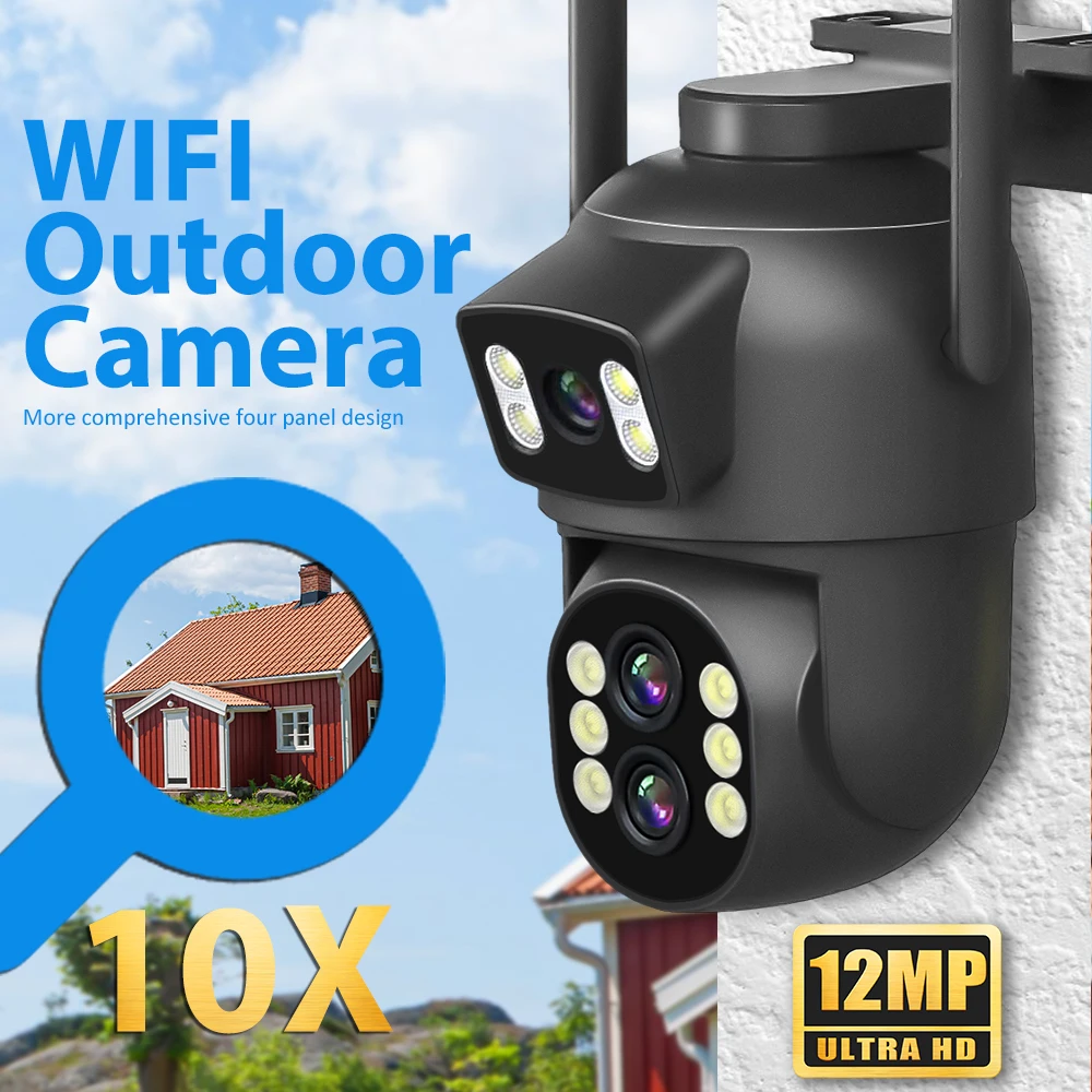 야외 와이파이 카메라, 듀얼 스크린 CCTV 비디오 캠, 자동 추적 보안 보호 감시, 6MP, 12MP, 10X 줌, 3 렌즈 