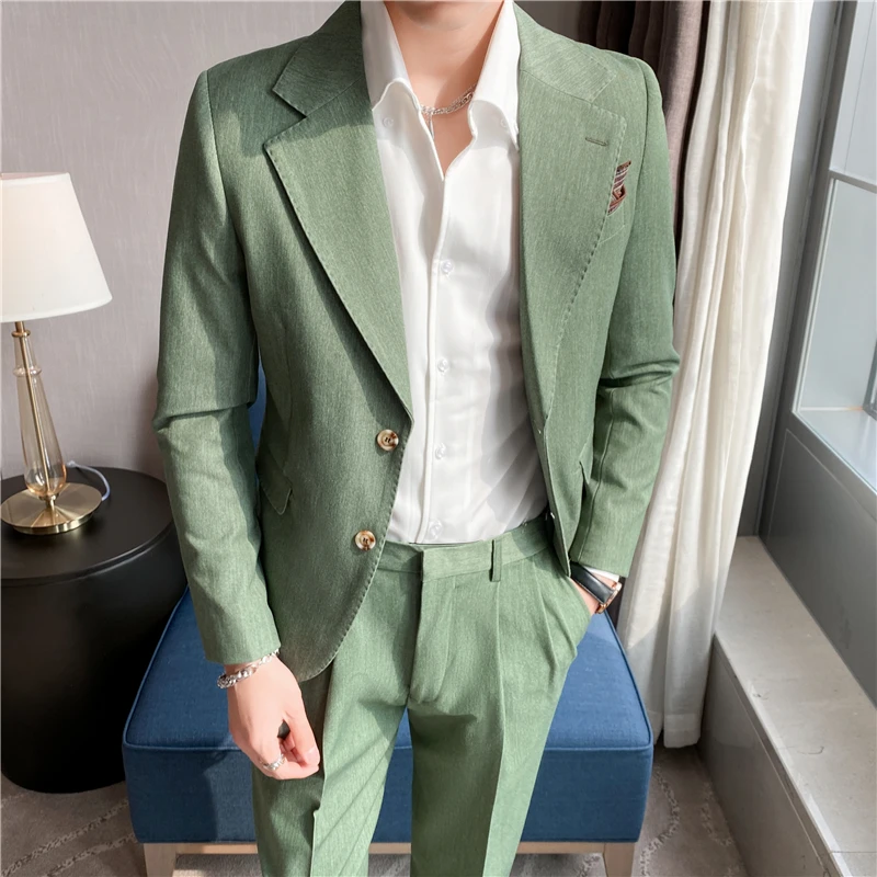 ( Jacket + Pants ) High End Men's Casual Business Suit Two-piece Set British Fashion Casual Suit Groom Wedding Dress Male