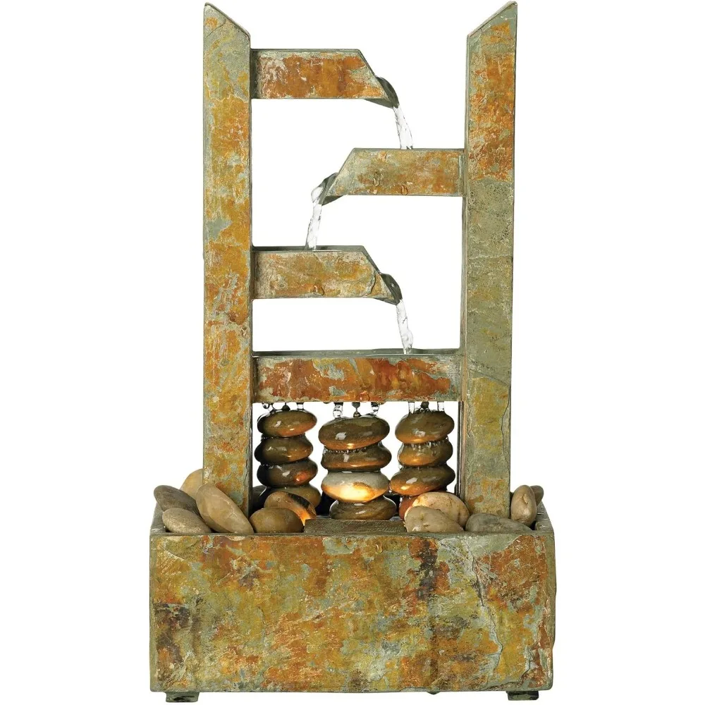 Modern Indoor Zen Waterfall Fountain with Light, Slate Stone Tabletop Decor for Desk Relaxation