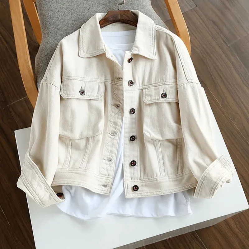 

Milk White Denim Jacket Women Cargo Streetwear Fashion Casual Pocket Autumn Coat Button Up Turn Down Collor Outwear Tops