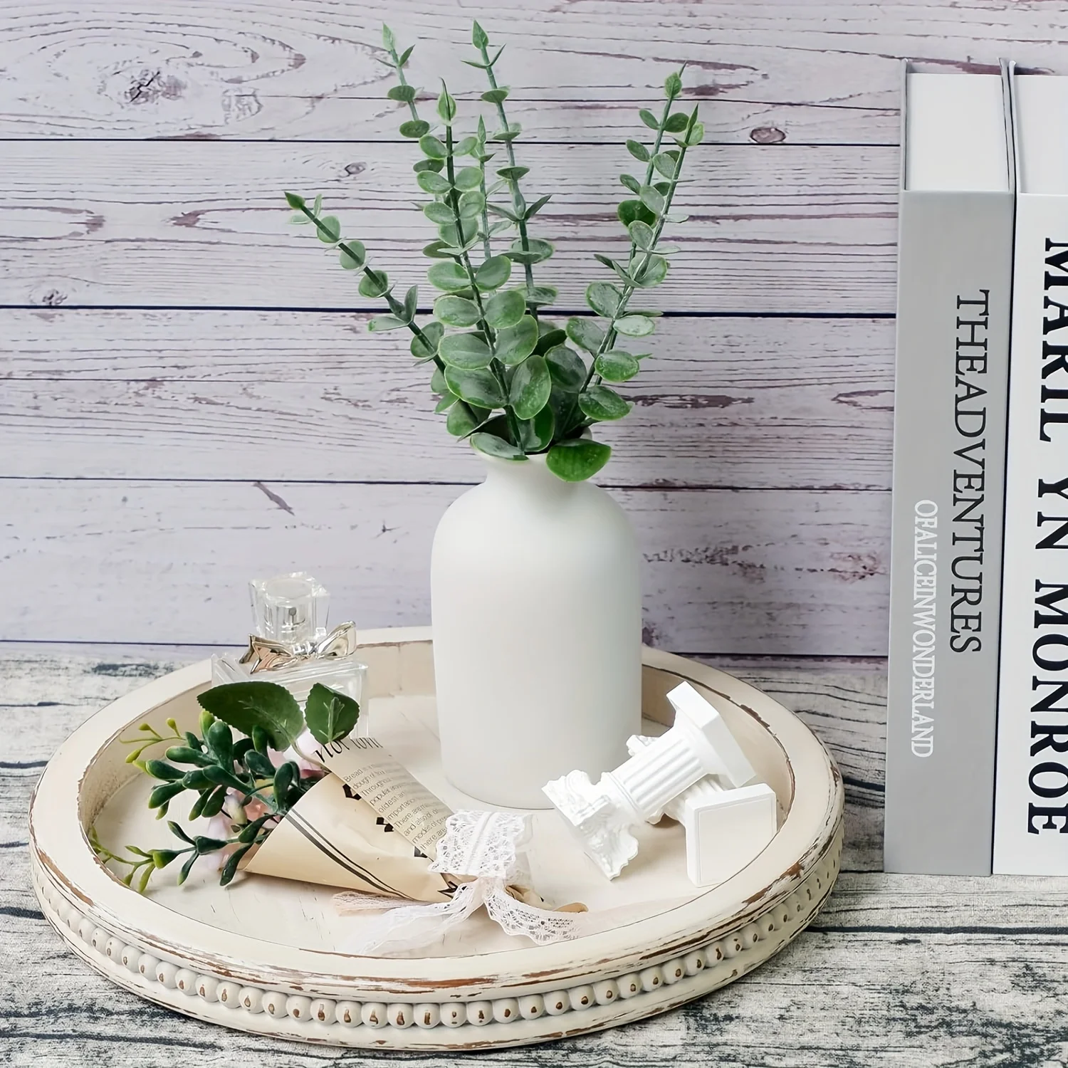 

1pc White Washed Bead Round Tray Decorative Serving Tray For Coffee Table. Rustic Wooden Trays Decor, Farmhouse Kitchen Counter