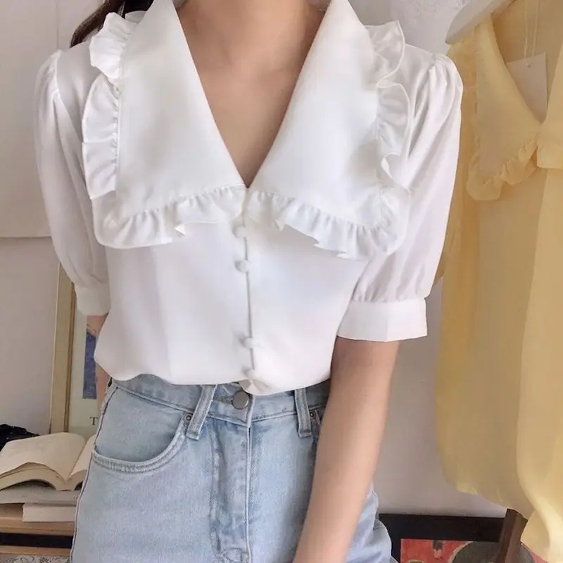 Korean Chic Peter Pan Collar Chiffon Blouses Women's Summer New Solid Loose Short Sleeve Edible Tree Fungus Button Shirts Tops