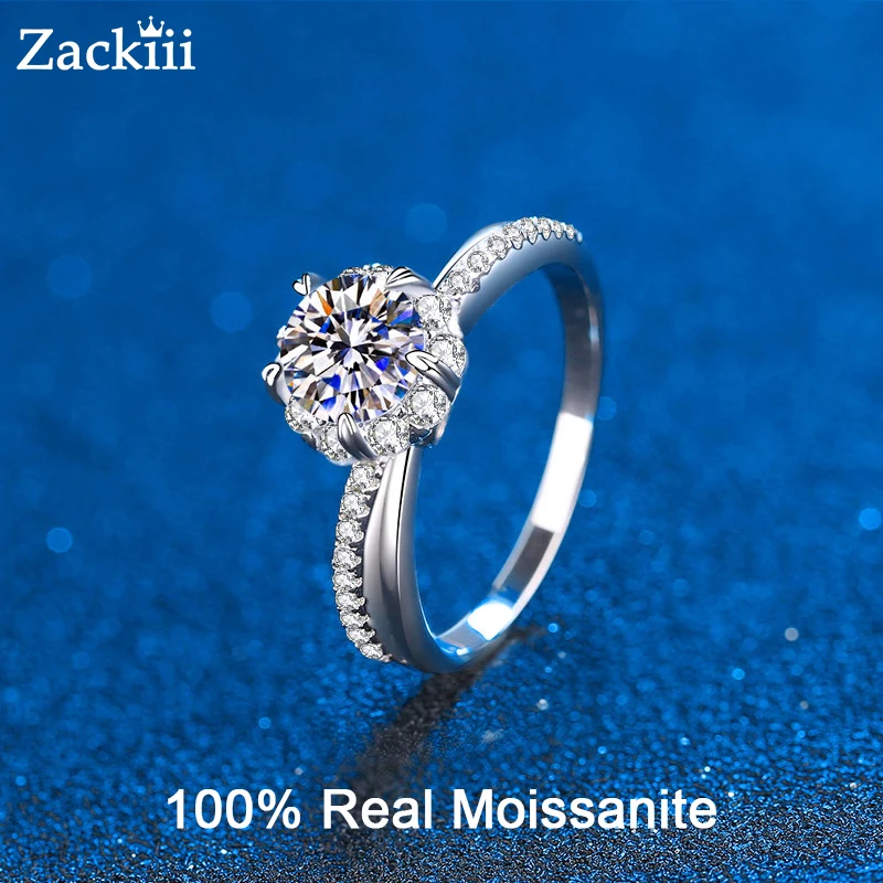 

1.0 Carat Moissanite Halo Diamond Engagement Ring Twisting Split Shank Flower Wedding Band For Women Sterling Silver Jewelry