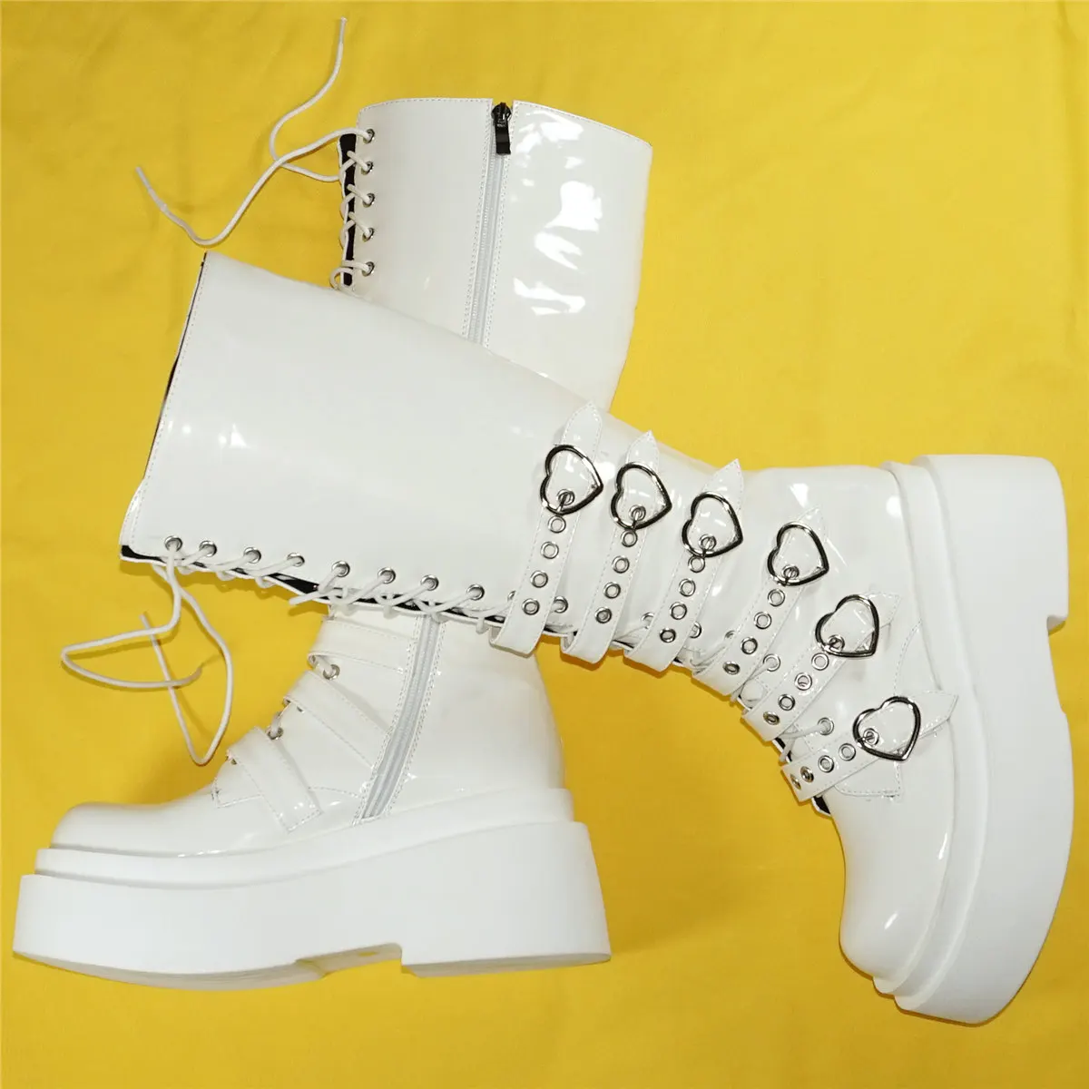 

White Platform Pumps Shoes Women Patent Leather Wedges High Heel Thigh High Boots Female Round Toe Fashion Sneakers Casual Shoes
