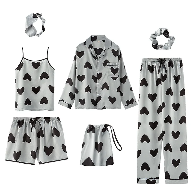 Pyjamas Women's 7 Pieces Pjs Pink Pajamas Sets Sleepwear Satin Silk Strap Lingerie Homewear Loungewear Pijamas Set For Woman