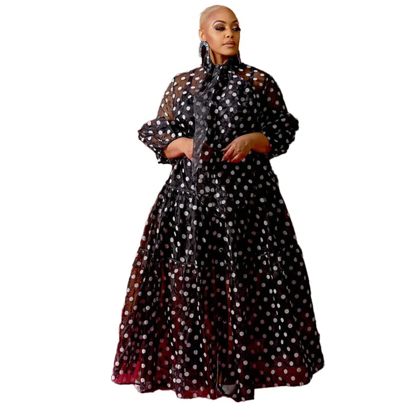 

Fashion Polka Dot Printed Maxi Dress Women Half Lantern Sleeve Scarf Collar African Gowns Elegant See Through Casual Vestidos
