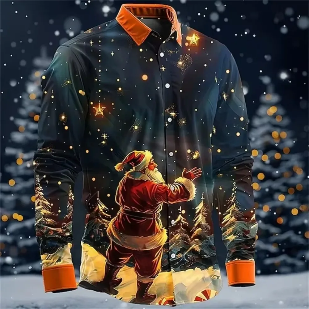 3D Printed Christmas Snowflakes Casual Fashion Comfortable Button Down Shirt Men's Long Sleeve Party Shirt Top Men's Santa Claus