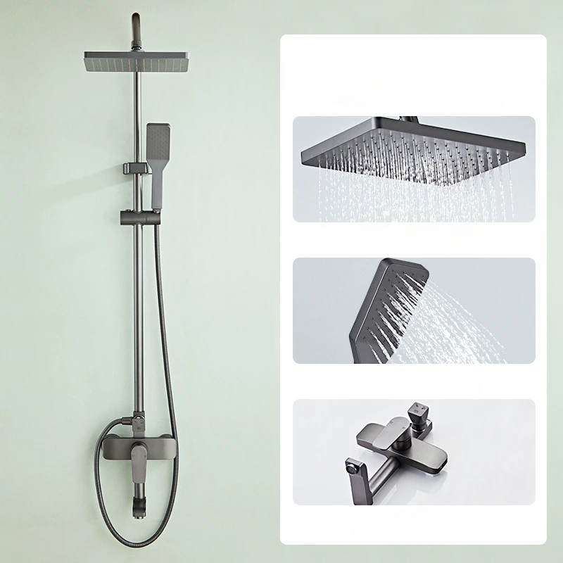 

Grey Black Bathroom Shower Set Space Aluminum Three-function Wall Mounted Rotatable Faucets Rainfall Shower Systerm