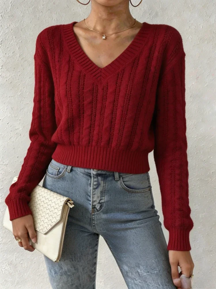 Cable Knit Pullover Sweater For Women V Neck Long Sleeve Elastic Slim Cropped Jumper Basic Casual Autumn Knitwear Top