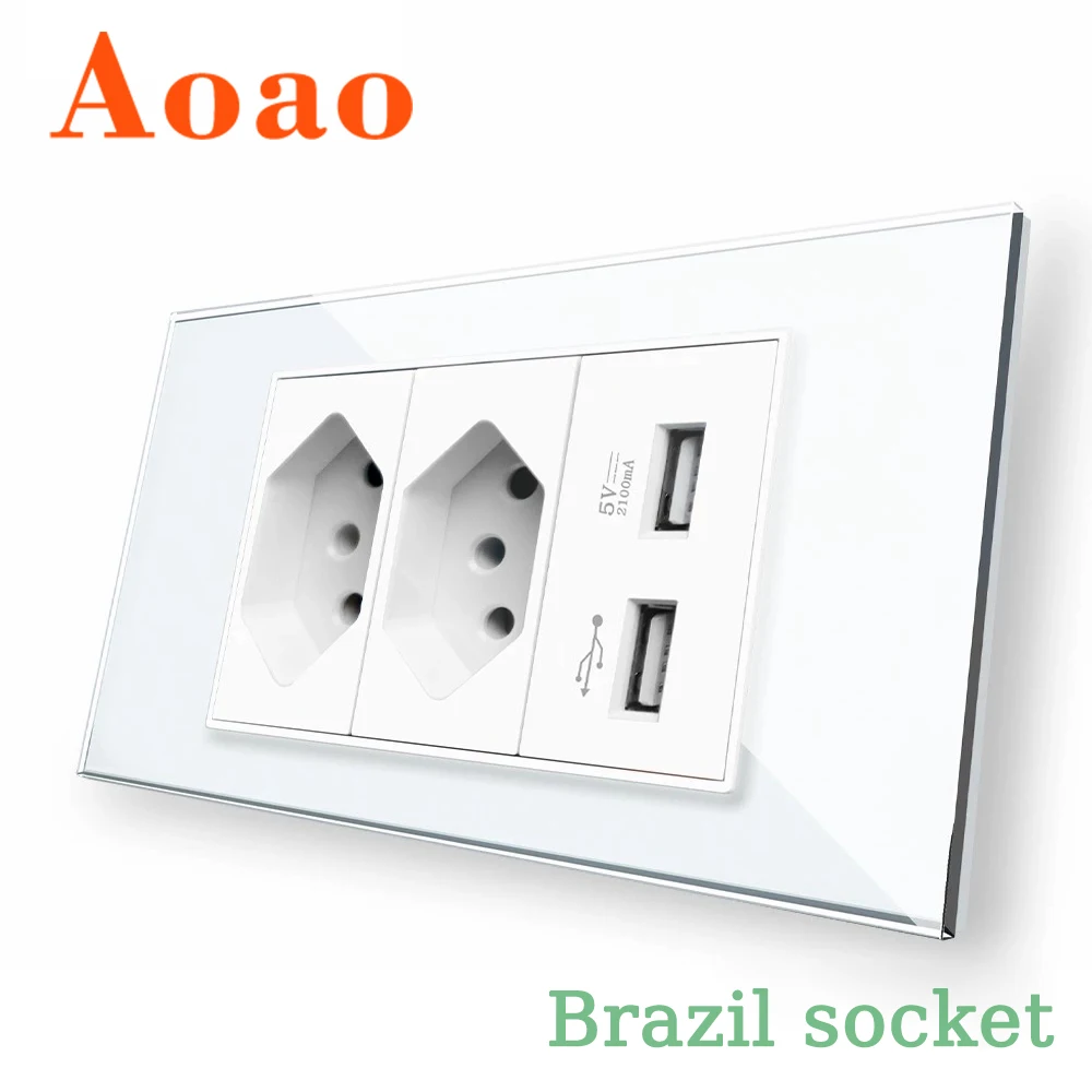 

USB Brazil socket plug 2A fast charging Glass panel fireproof material 110V-240V 10A home electrical plug socket