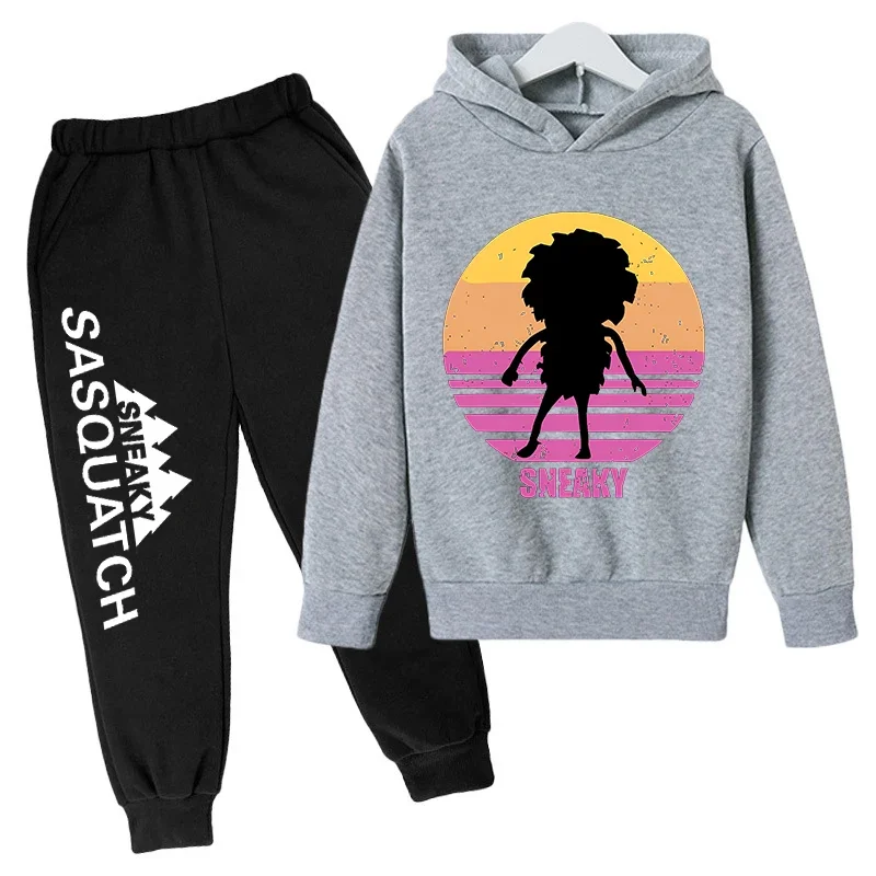 thumbnail image 1 of Conjunto de sudadera con capucha y pantalones de polar para niños, conjunto de 2 piezas, chándal, estampado de cabeza grande de Sasquatch furtivo, 1 of 5