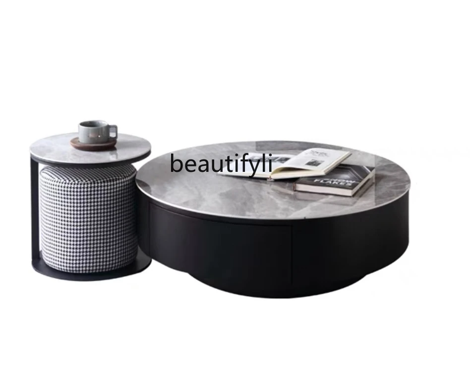 

Light luxury Italian style small apartment bright slate round coffee table living room home retractable TV cabinet